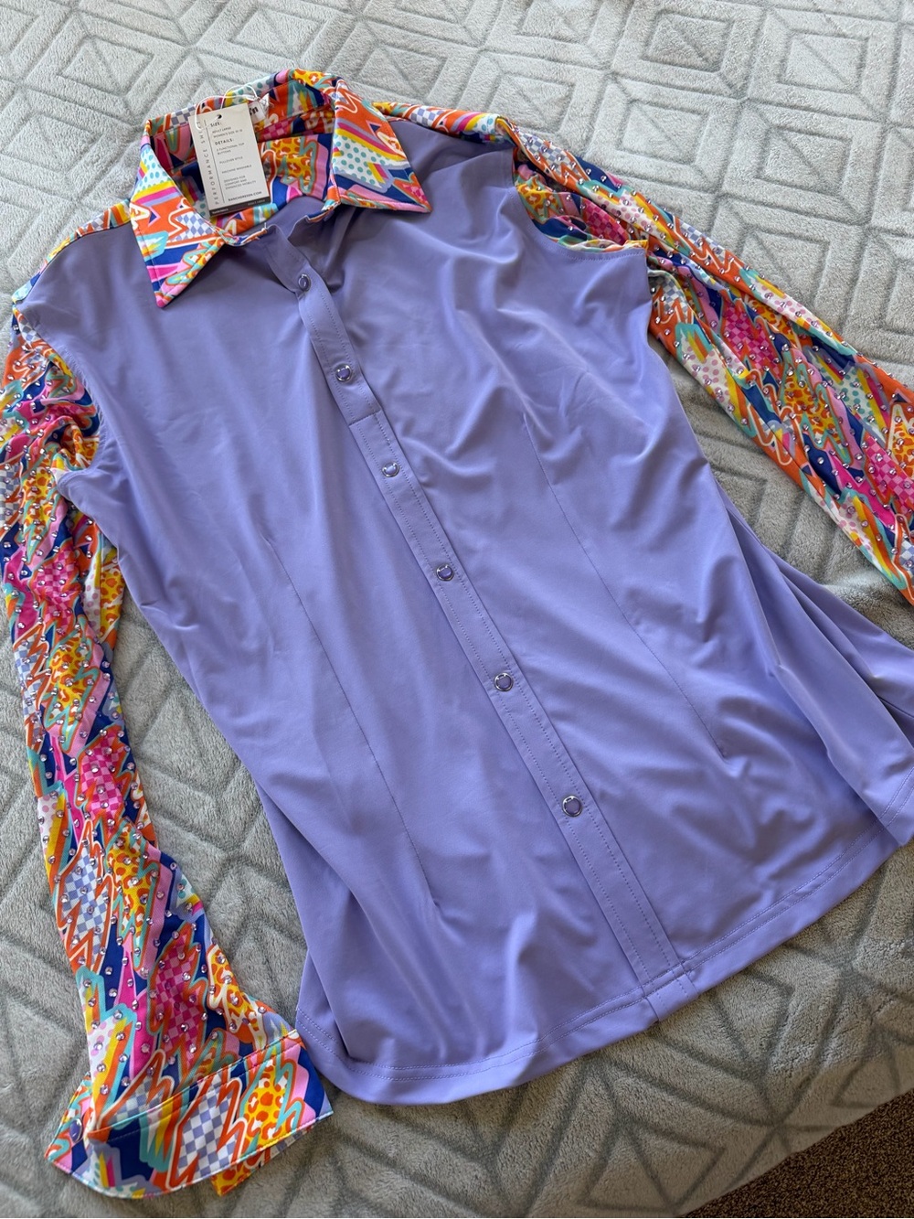 Lavender Button-Down Shirt with Multicolor Printed Sleeves